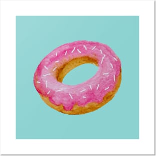 Watercolor donut - pink on blue background Posters and Art